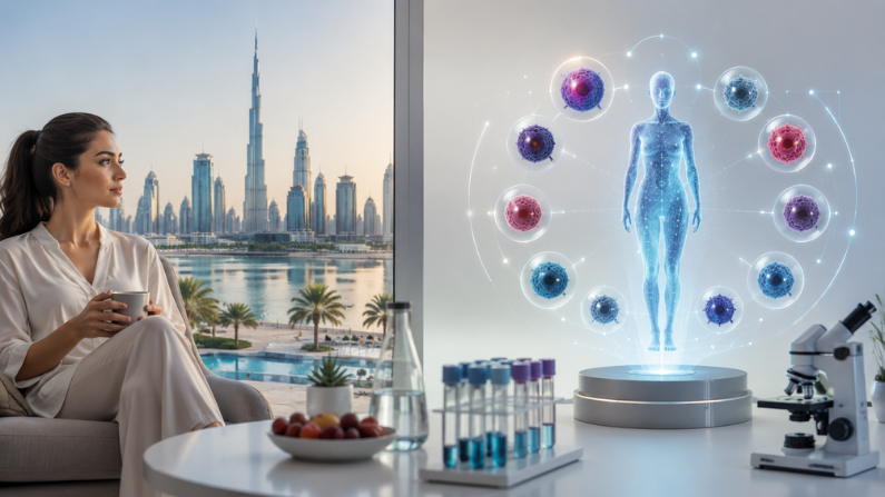 Medical professionals discussing diagnostic reports and cancer screening results in a modern clinical environment at a healthcare center in Dubai.