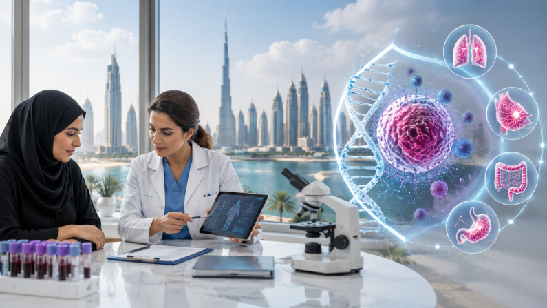 Medical professionals discussing diagnostic reports and cancer screening results in a modern clinical environment at a healthcare center in Dubai.
