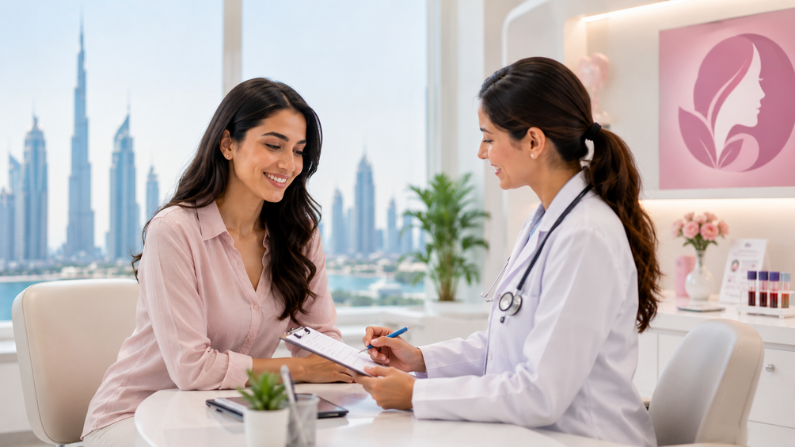 Doctor consulting with a patient during preventive wellness screening under a female health package in Dubai at Fenix Medical Centre.