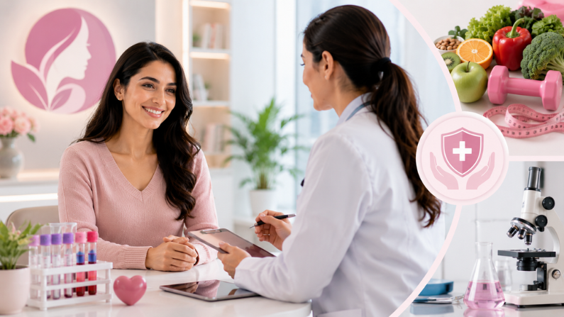 Woman consulting with a healthcare professional for wellness and diagnostic services under a female health package in Dubai.