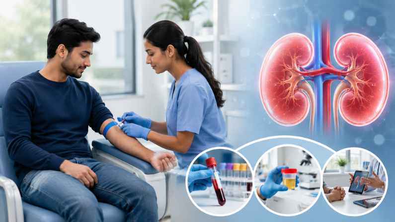 Healthcare professional conducting a Kidney Function Test in Al Garhoud using advanced laboratory equipment for accurate kidney health evaluation.