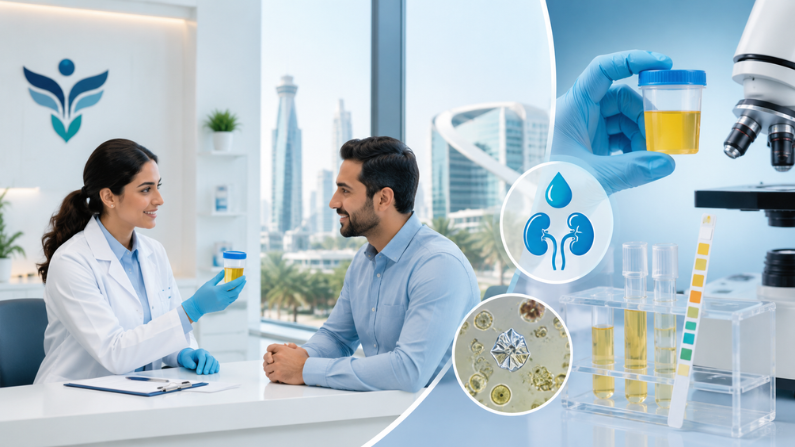 Healthcare professionals conducting urine test in Al Garhoud with advanced laboratory equipment for accurate diagnostic evaluation and preventive health screening.