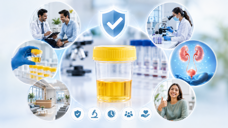 Healthcare professionals conducting urine test in Al Garhoud with advanced laboratory equipment for accurate diagnostic evaluation and preventive health screening.