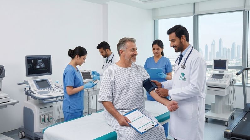 nside a bright, modern medical facility at Fenix Medical Center overlooking the Dubai skyline, a male medical doctor in a white lab coat with a stethoscope checks the blood pressure of a smiling middle-aged male patient in a hospital gown sitting on an examination table. In the background, female and male medical staff in blue scrubs prepare diverse diagnostic equipment, including an ultrasound machine, an ECG monitor, an ophthalmic refractor, and a cardiac stress test treadmill.