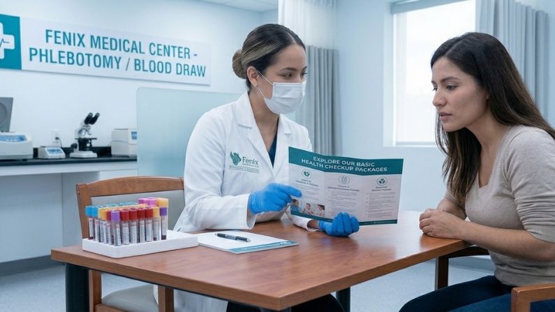Inside the phlebotomy room at Fenix Medical Center, a female medical expert in a white lab coat, face mask, and blue gloves sits at a wooden table, guiding a female patient through a brochure titled "EXPLORE OUR BASIC HEALTH CHECKUP PACKAGES." The patient is listening intently with a focused, curious expression. On the table sits a tray of colorful blood collection tubes and a clipboard, while laboratory equipment like centrifuges and a microscope are visible on the counters in the background under a sign reading "FENIX MEDICAL CENTER - PHLEBOTOMY / BLOOD DRAW."